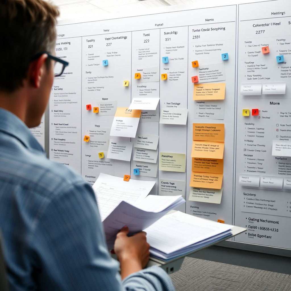 An organized project management board filled with timelines, task lists, and milestone markers. A project manager is seen reviewing documents and making notes, highlighting the systematic approach to managing projects.